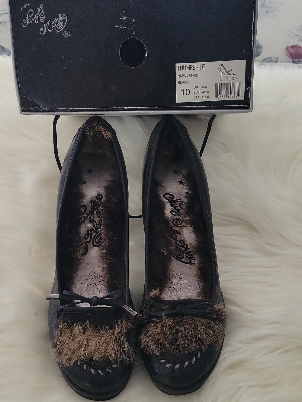 Naughty Monkey Black Fur-Trim Heels Women's Size 10